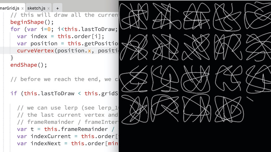monochrome line generative art next to code